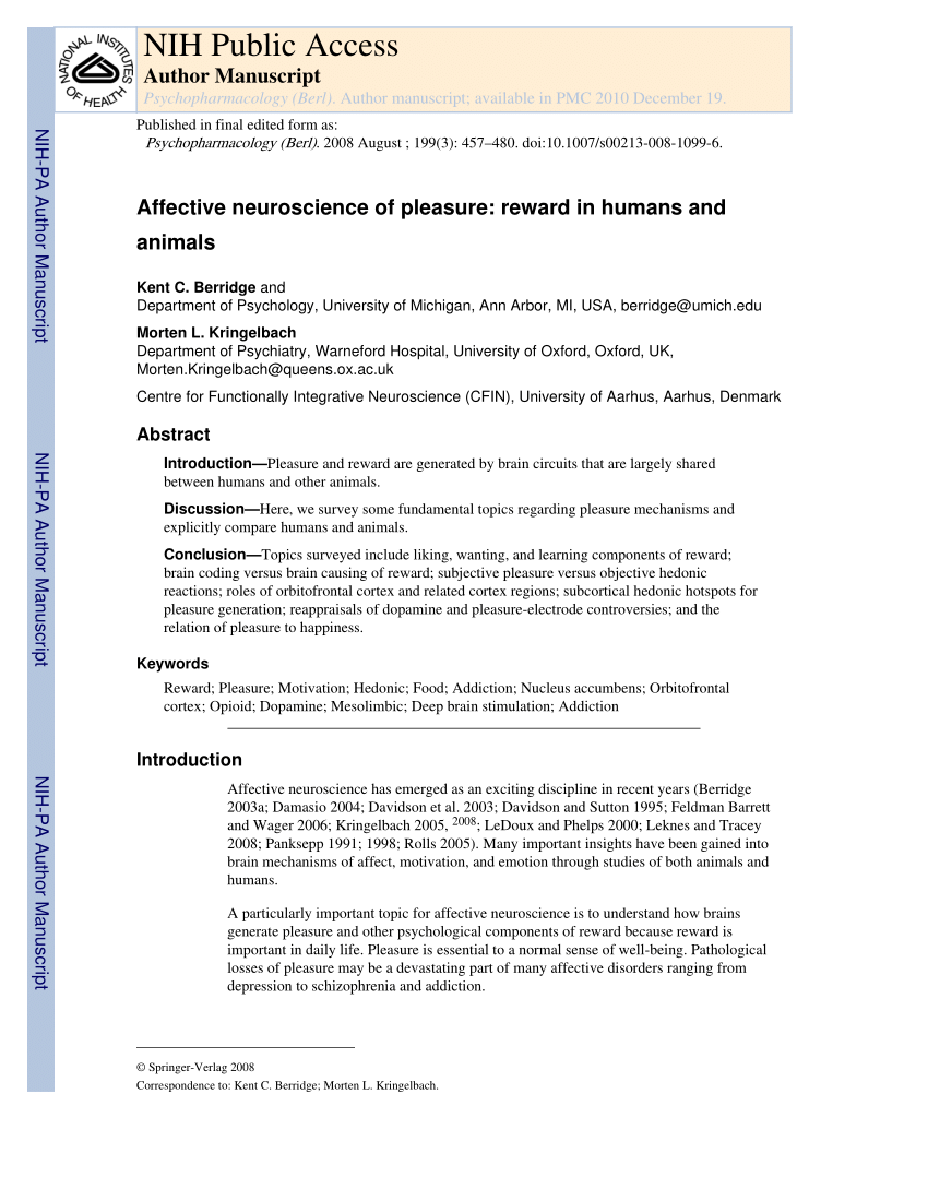 PDF) Berridge KC, Kringelbach ML. Affective neuroscience of ...