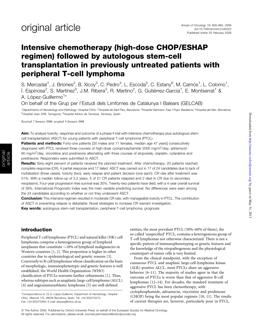Pdf Intensive Chemotherapy High Dose Chop Eshap Regimen Followed By Autologous Stem Cell Transplantation In Previously Untreated Patients With Peripheral T Cell Lymphoma