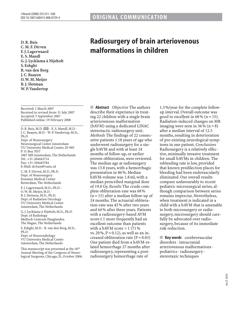 Pdf Radiosurgery Of Brain Arteriovenous Malformations In Children