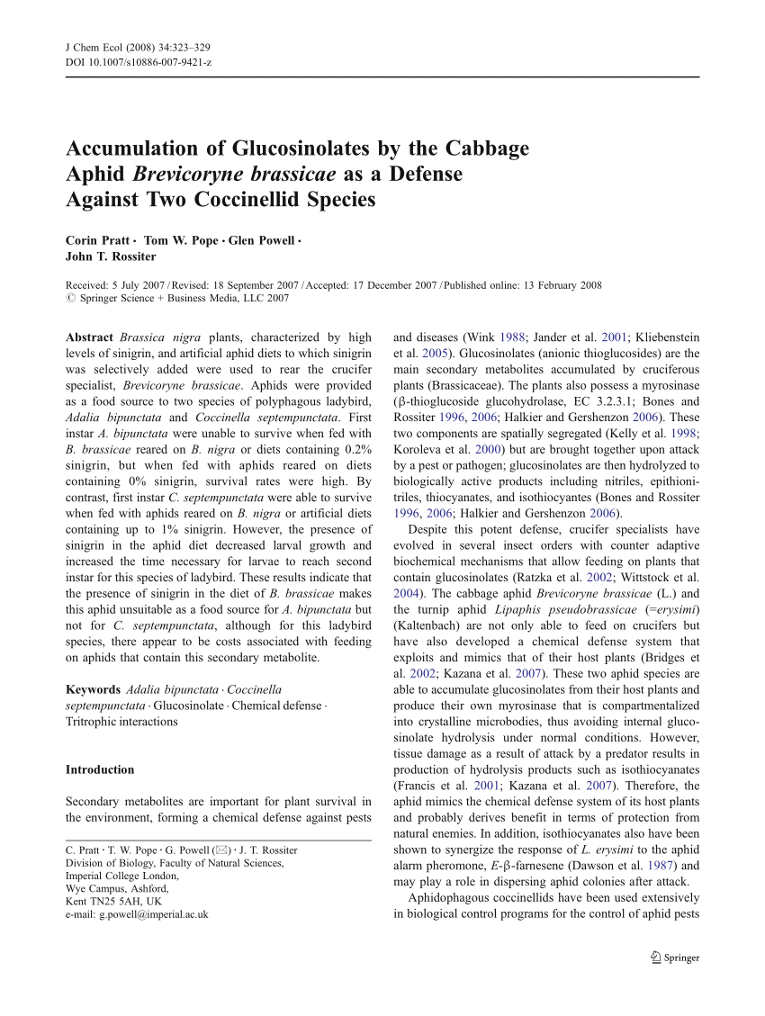 Pdf Accumulation Of Glucosinolates By The Cabbage Aphid Brevicoryne Brassicae As A Defense Against Two Coccinellid Species