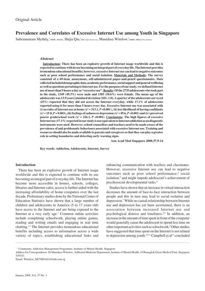 Pdf Prevalence And Correlates Of Excessive Internet Use Among Youth In Singapore