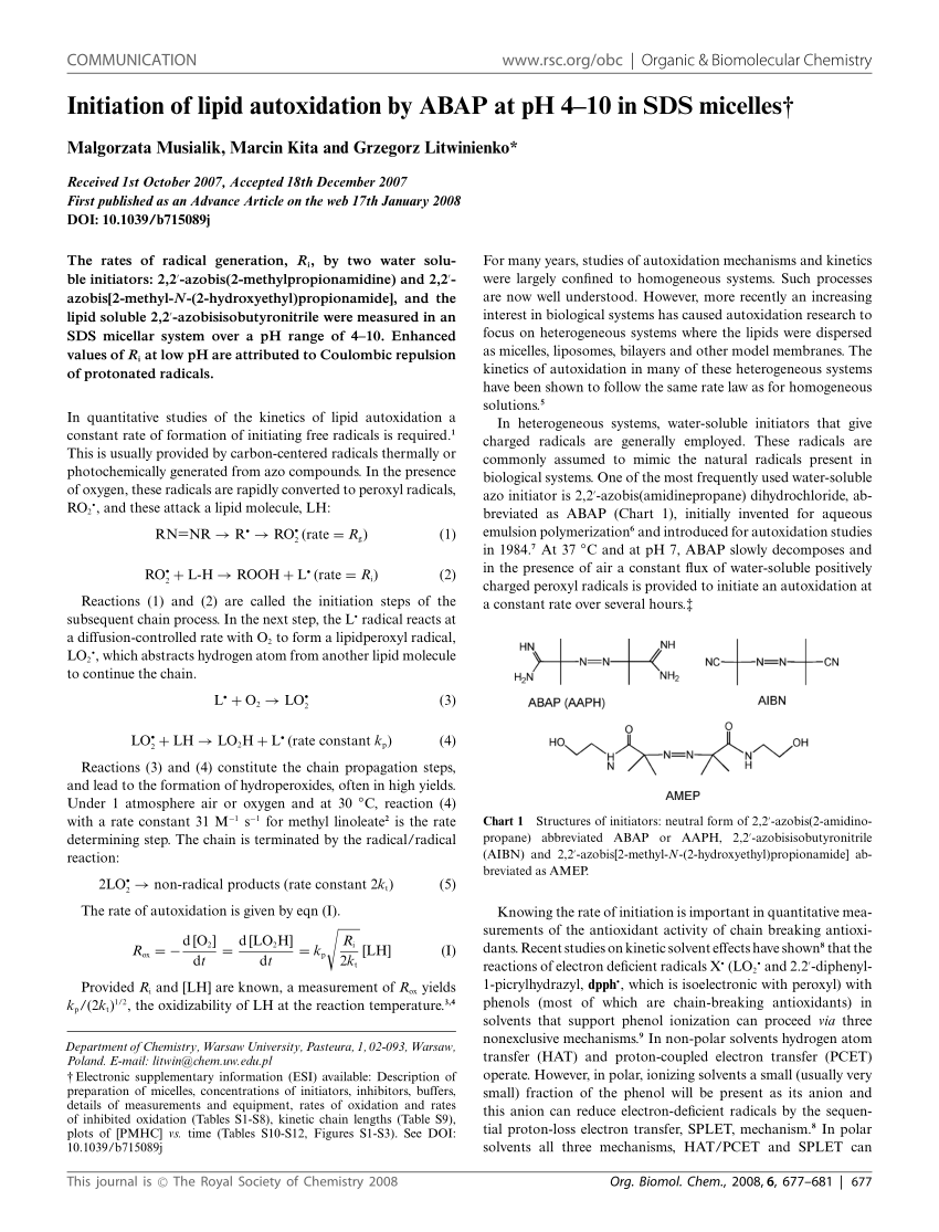 Pdf Initiation Of Lipid Autoxidation By Abap At Ph 4 10 In Sds Micelles