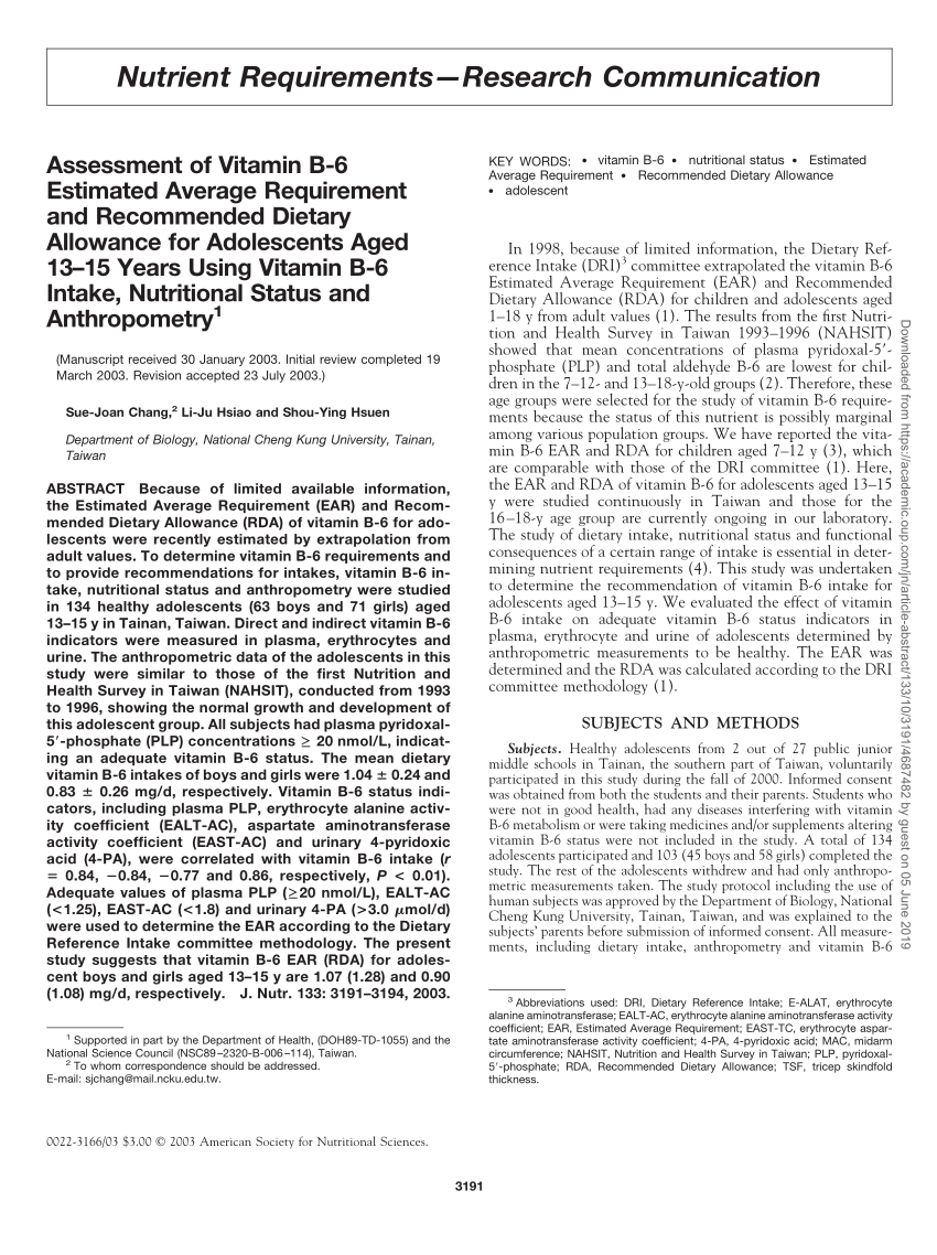 Pdf Assessment Of Vitamin B 6 Estimated Average Requirement And Recommended Dietary Allowance For Adolescents Aged 13 15 Years Using Vitamin B 6 Intake Nutritional Status And Anthropometry