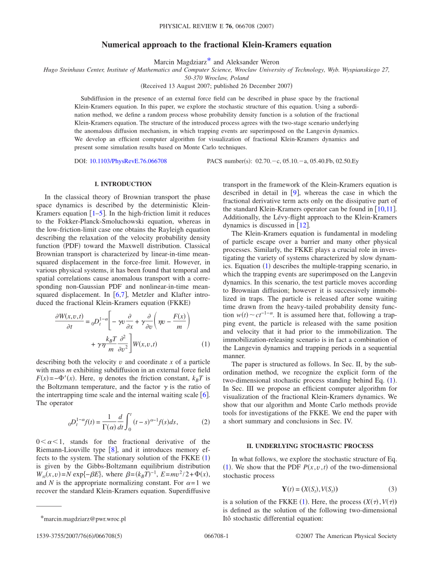 Pdf Numerical Approach To Klein Kramers Equation