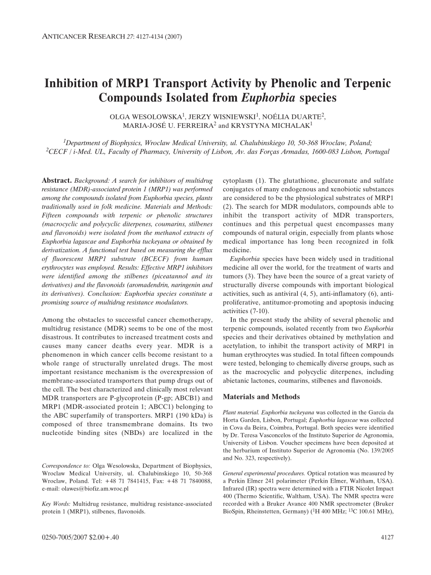 Pdf Inhibition Of Mrp1 Transport Activity By Phenolic And Terpenic Compounds Isolated From Euphorbia Species