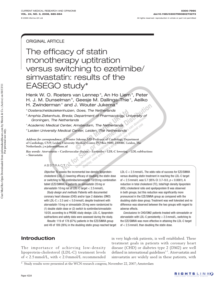 Pdf The Efficacy Of Statin Monotherapy Uptitration Versus Switching To Ezetimibe Simvastatin Results Of The Easego Study