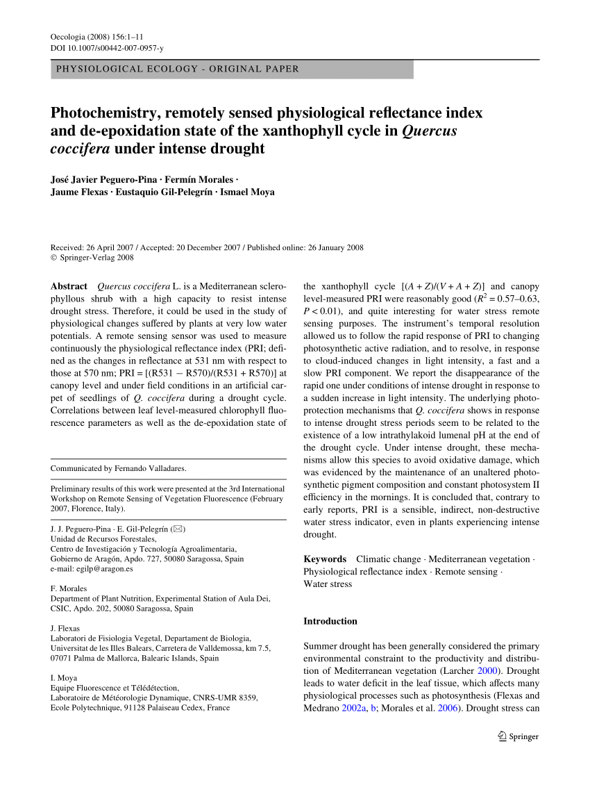 Pdf Photochemistry Remotely Sensed Physiological Reflectance Index And De Epoxidation State Of The Xanthophyll Cycle In Quercus Coccifera Under Intense Drought