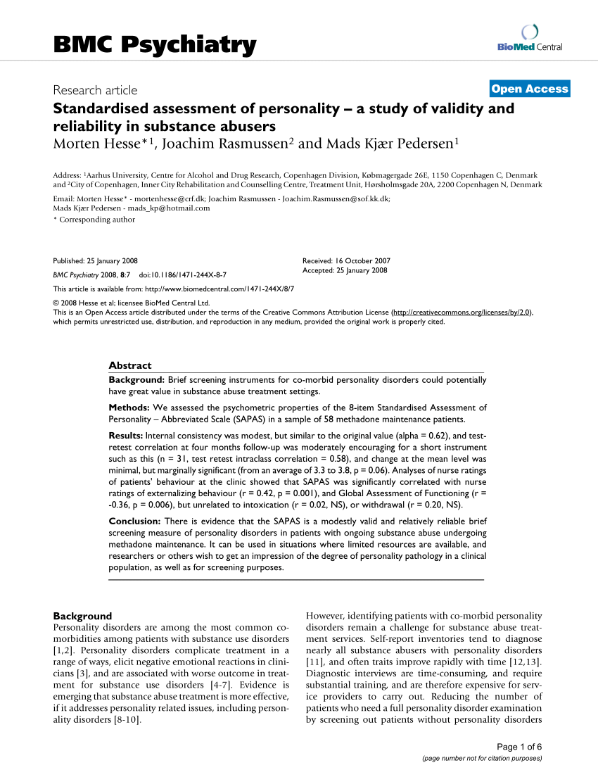 Overdreven Es cirkulære PDF) Standardised Assessment of Personality—A study of validity and  reliability in substance abusers