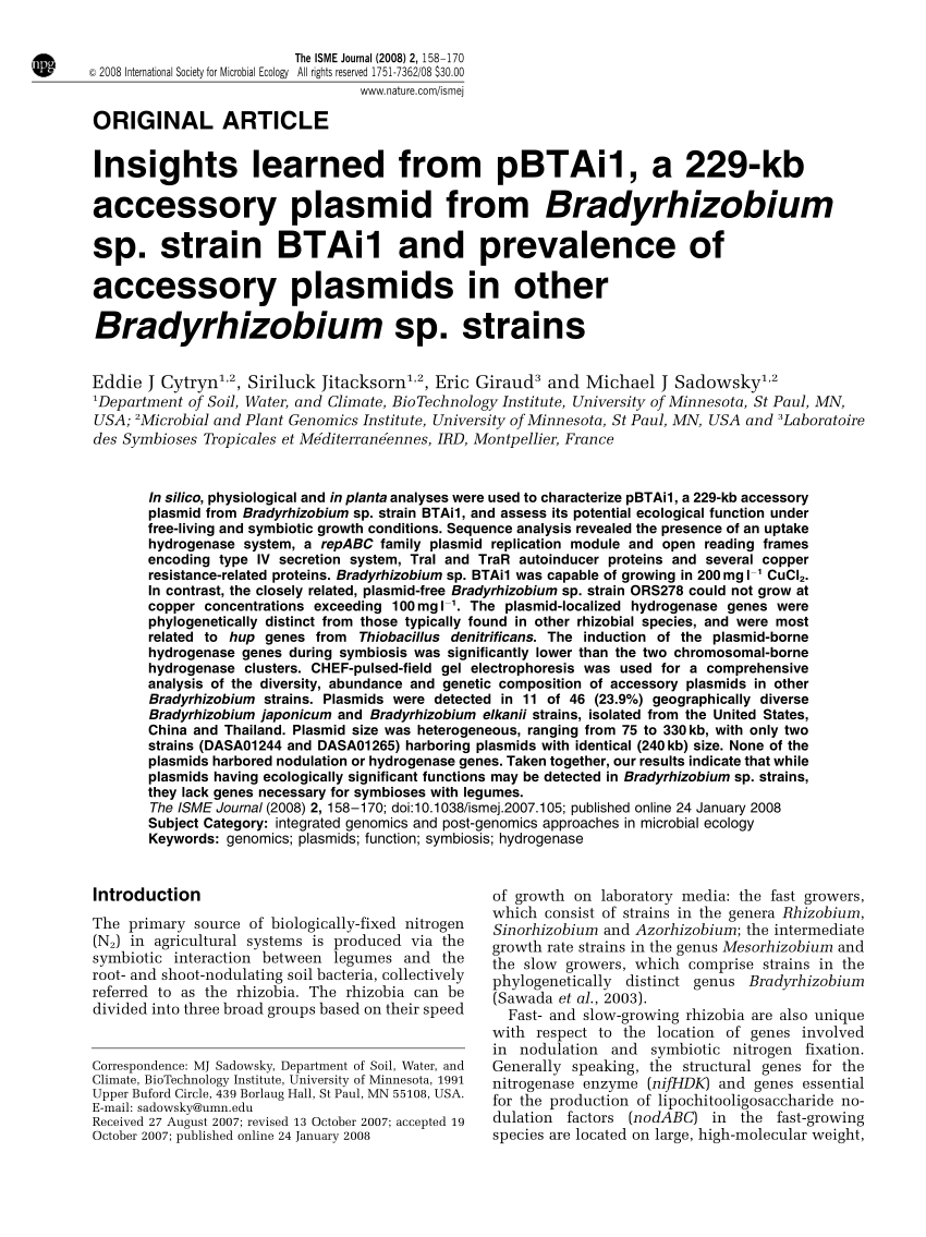 PDF) Insights learned from pBTAi1, a 229-kb accessory plasmid from  Bradyrhizobium sp. strain BTAi1 and prevalence of accessory plasmids in  other Bradyrhizobium sp. strains