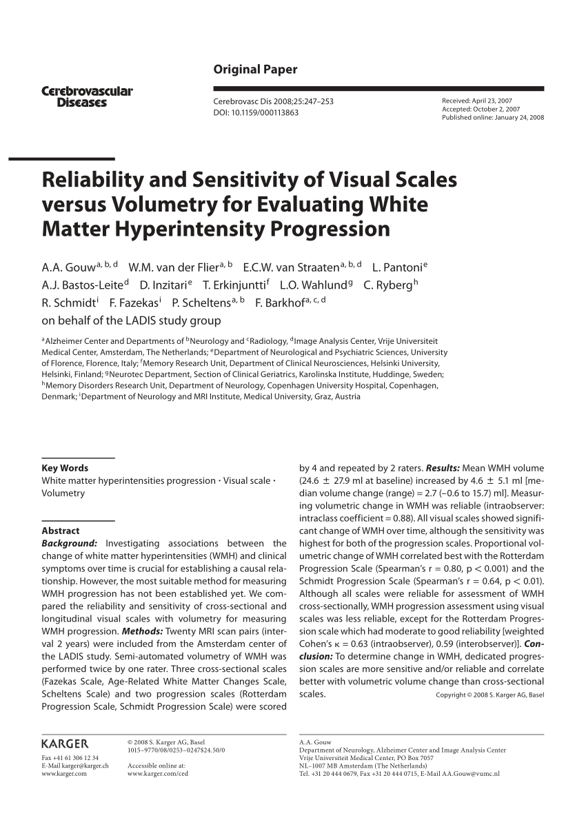 Pdf Reliability And Sensitivity Of Visual Scales Versus Volumetry For Evaluating White Matter Hyperintensity Progression