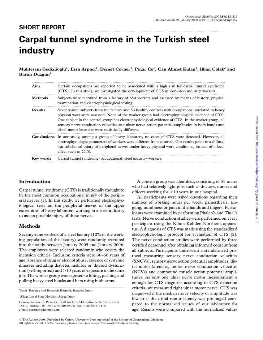 (PDF) Carpal tunnel syndrome in the Turkish steel industry