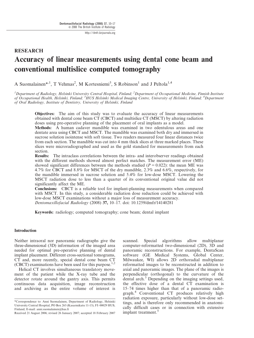 PDF) Accuracy of linear measurements using dental cone beam and  conventional multislice computed tomography