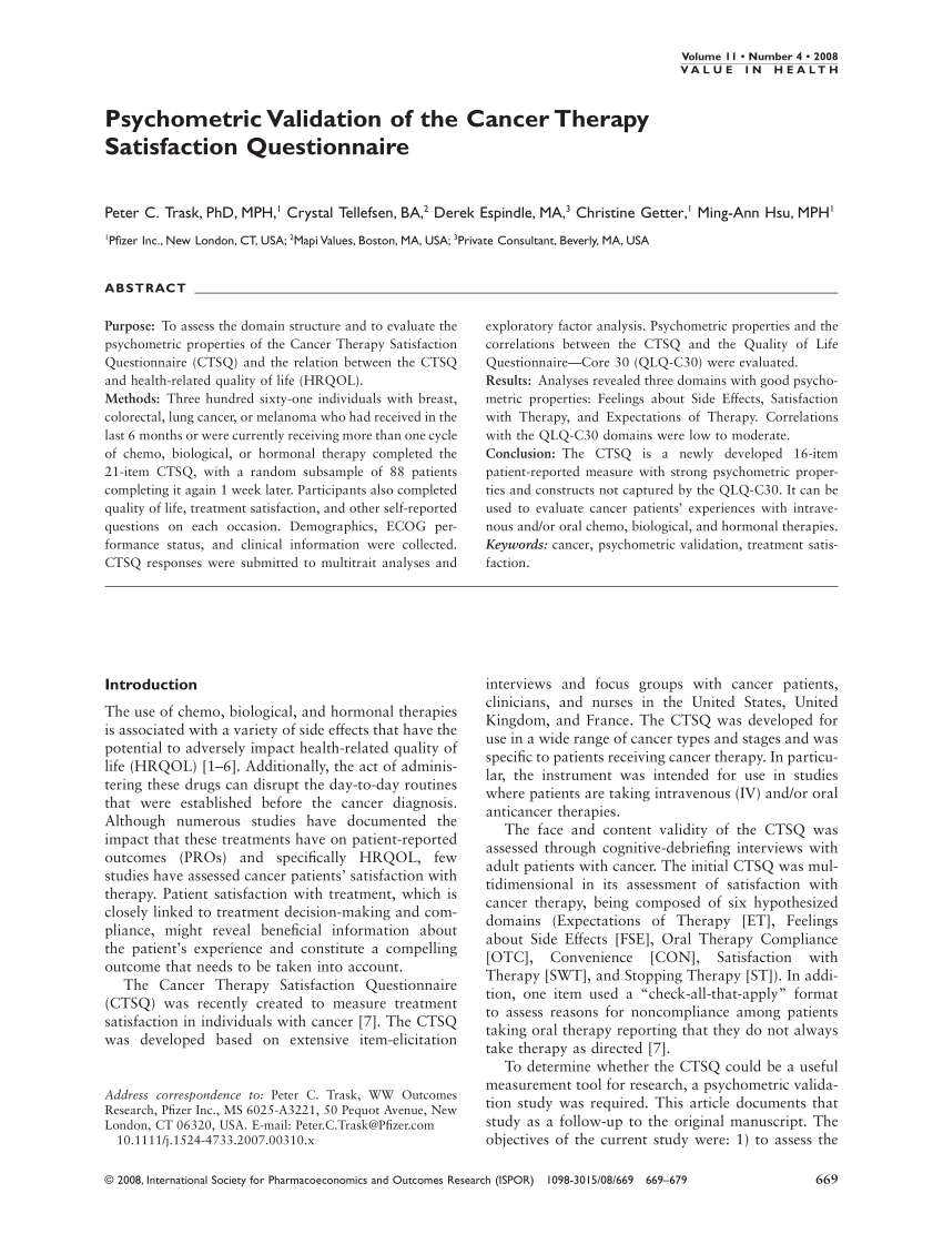 PDF Psychometric Validation of the Cancer Therapy Satisfaction