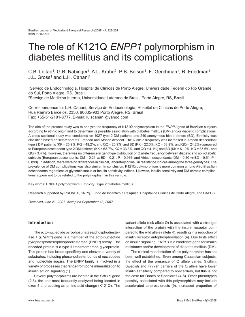 Pdf The Role Of K121q Enpp1 Polymorphism In Diabetes Mellitus And Its Complications