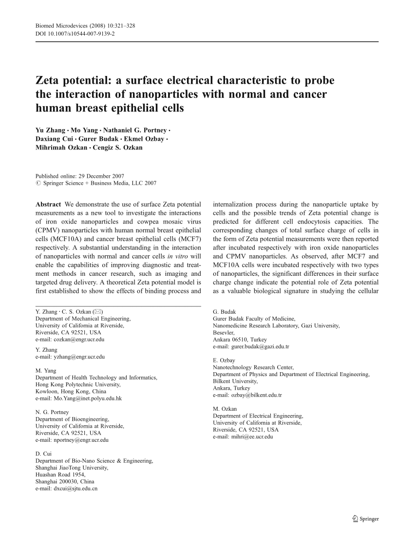 Pdf Zeta Potential A Surface Electrical Characteristic To Probe The Interaction Of Nanoparticles With Normal And Cancer Human Breast Epithelial Cells
