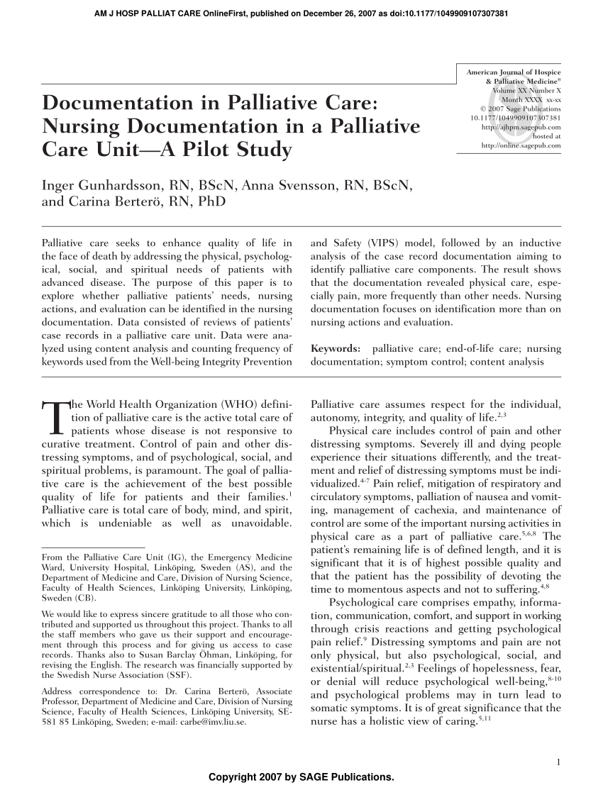 PDF) Documentation in Palliative Care: Nursing Documentation in a Throughout Nurse Notes Template