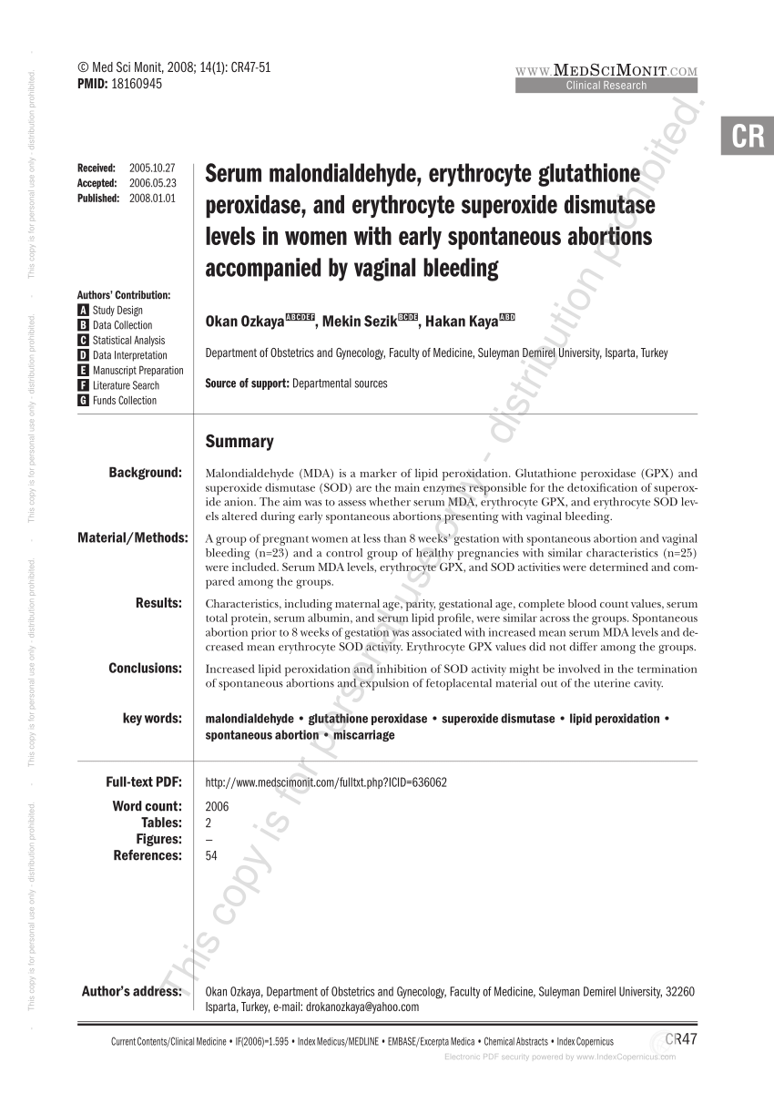 Pdf Serum Malondialdehyde Erythrocyte Glutathione Peroxidase And Erythrocyte Superoxide Dismutase Levels In Women With Early Spontaneous Abortions Accompanied By Vaginal Bleeding