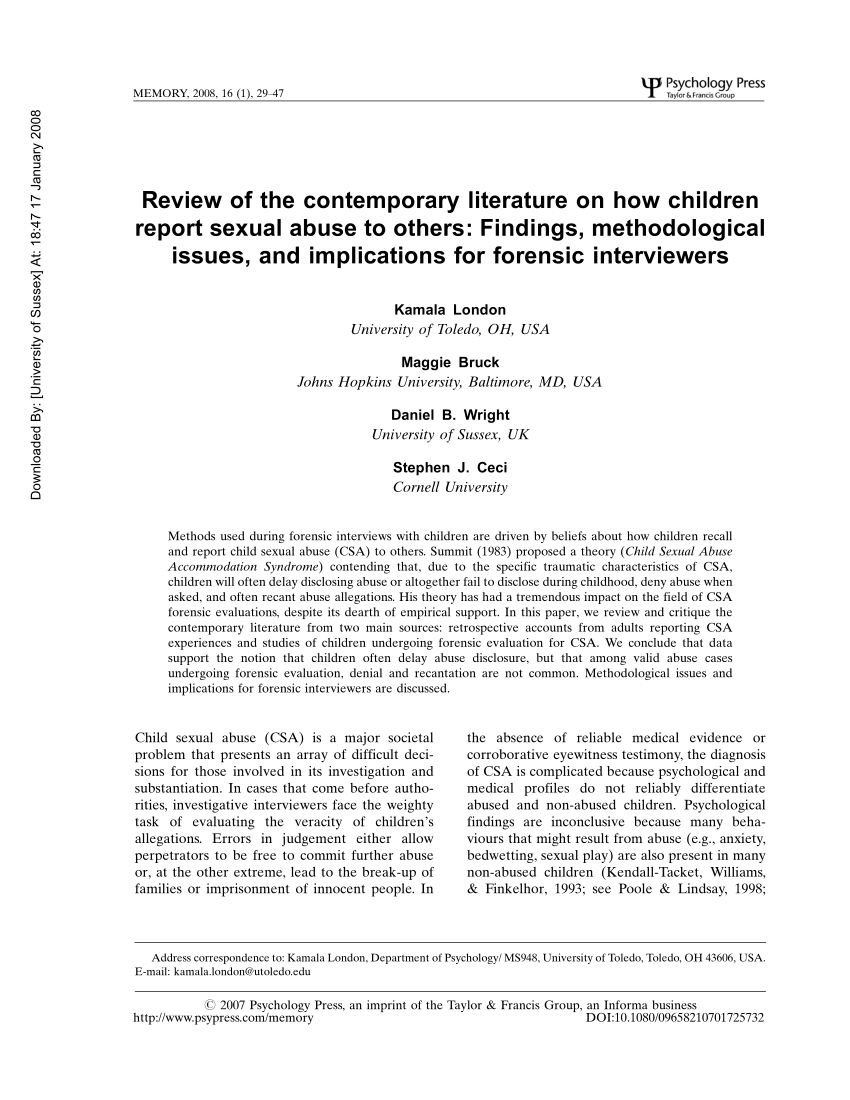 PDF) Review of the contemporary literature on how children report sexual abuse to others Findings, methodological issues, and implications for forensic interviewers picture