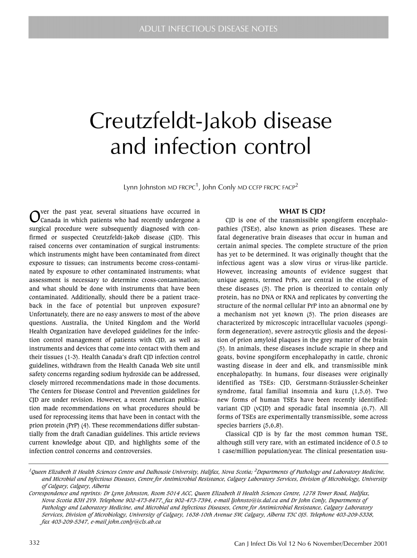 (PDF) CreutzfeldtJakob Disease and Infection Control