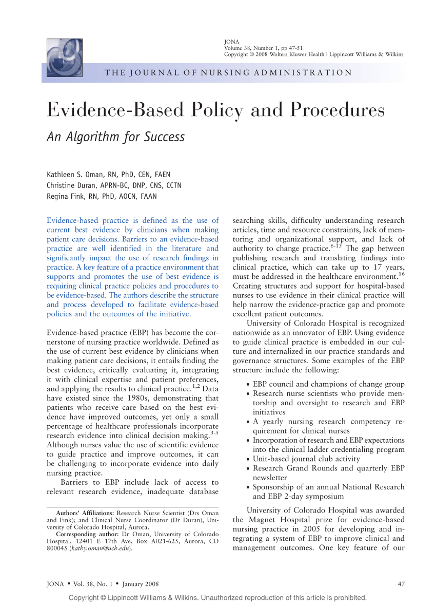 Pdf Evidence Based Policy And Procedures