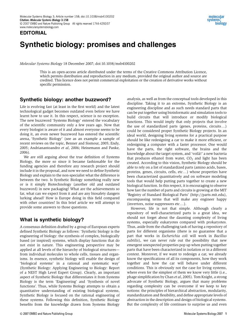 (PDF) Synthetic biology Promises and challenges