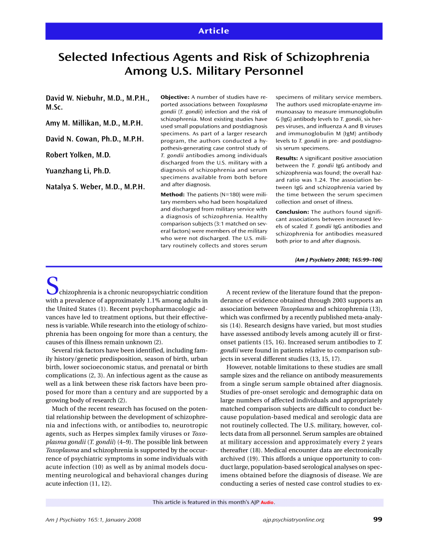 (Pdf) Selected Infectious Agents And Risk Of Schizophrenia Among U.s. Military Personnel