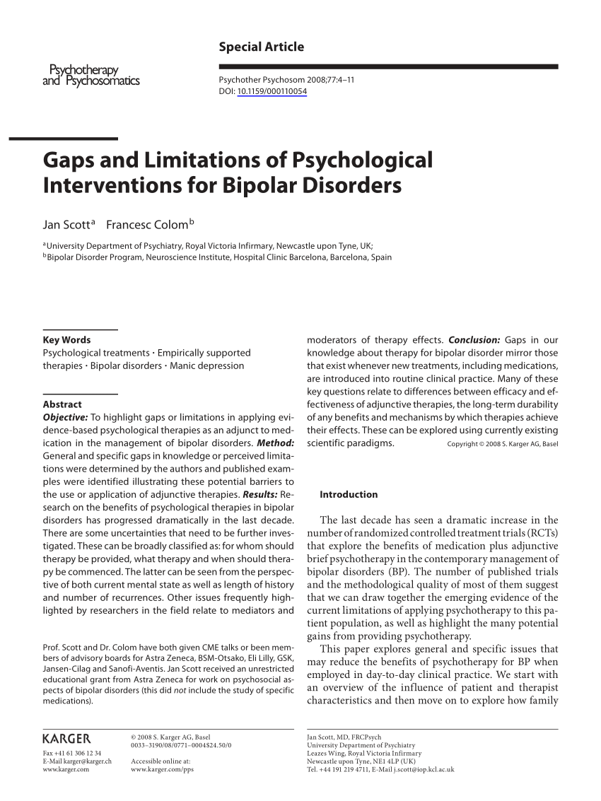 Pdf Gaps And Limitations Of Psychological Interventions For Bipolar Disorders