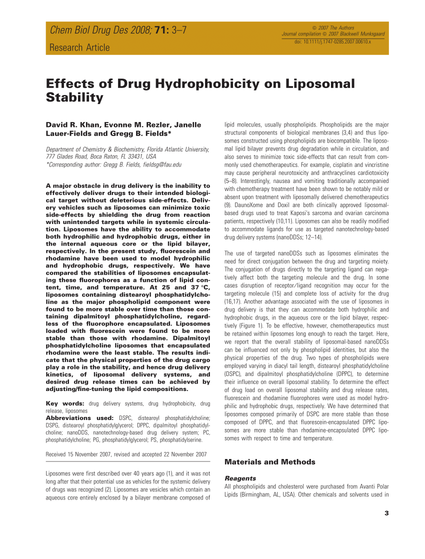 Pdf Effects Of Drug Hydrophobicity On Liposomal Stability