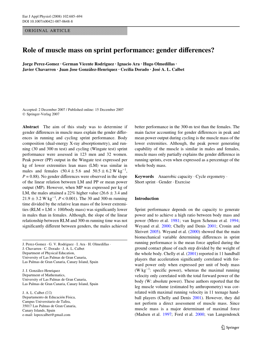 Pdf Role Of Muscle Mass On Sprint Performance Gender Differences