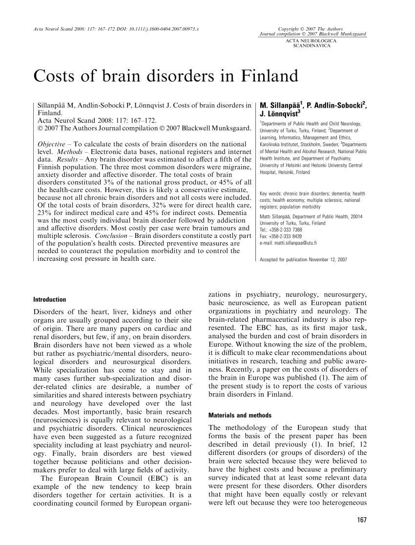 Pdf Costs Of Brain Disorders In Finland