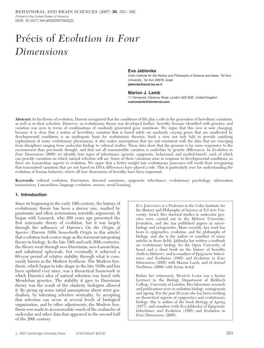 PDF Precis Of Evolution In Four Dimensions