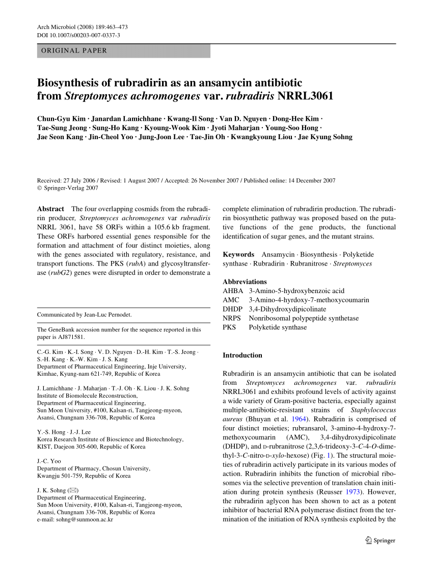 Pdf Biosynthesis Of Rubradirin As An Ansamycin Antibiotic From Streptomyces Achromogenes Var Rubradiris Nrrl3061