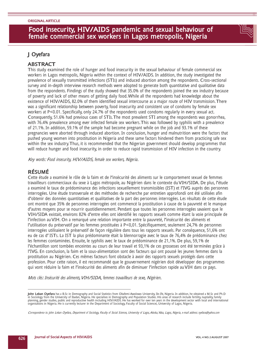 Pdf Food Insecurity Hivaids Pandemic And Sexual Behaviour Of Female Commercial Sex Workers