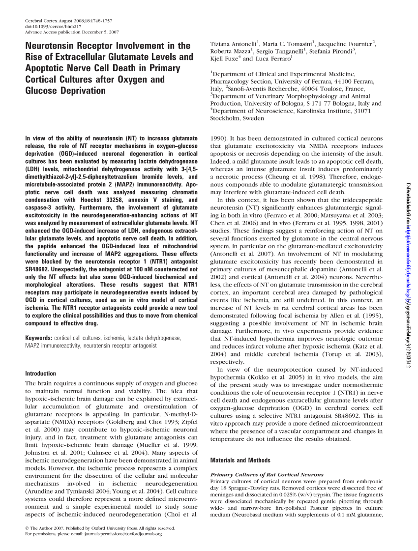 Pdf Neurotensin Receptor Involvement In The Rise Of Extracellular Glutamate Levels And Apoptotic Nerve Cell Death In Primary Cortical Cultures After Oxygen And Glucose Deprivation