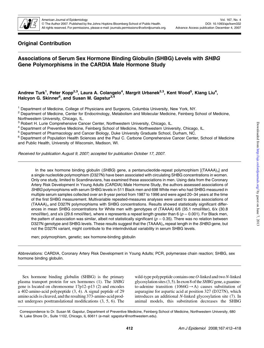 Pdf Associations Of Serum Sex Hormone Binding Globulin Shbg Levels With Shbg Gene