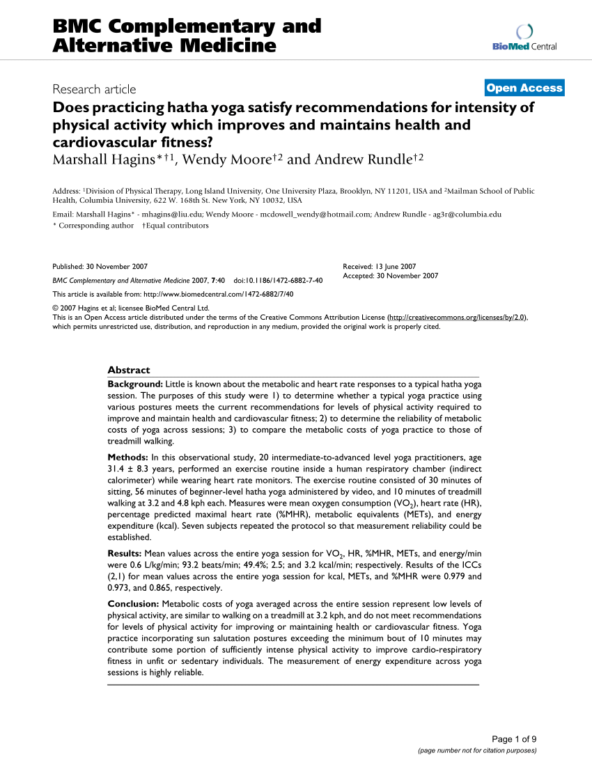 PDF) Does practicing hatha yoga satisfy recommendations for intensity of  physical activity which improves and maintains health and cardiovascular  fitness?