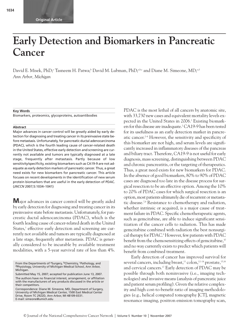 Pdf Early Detection And Biomarkers In Pancreatic Cancer