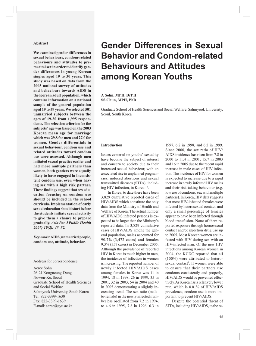 PDF) Gender Differences in Sexual Behavior and Condom-related Behaviours  and Attitudes among Korean Youths