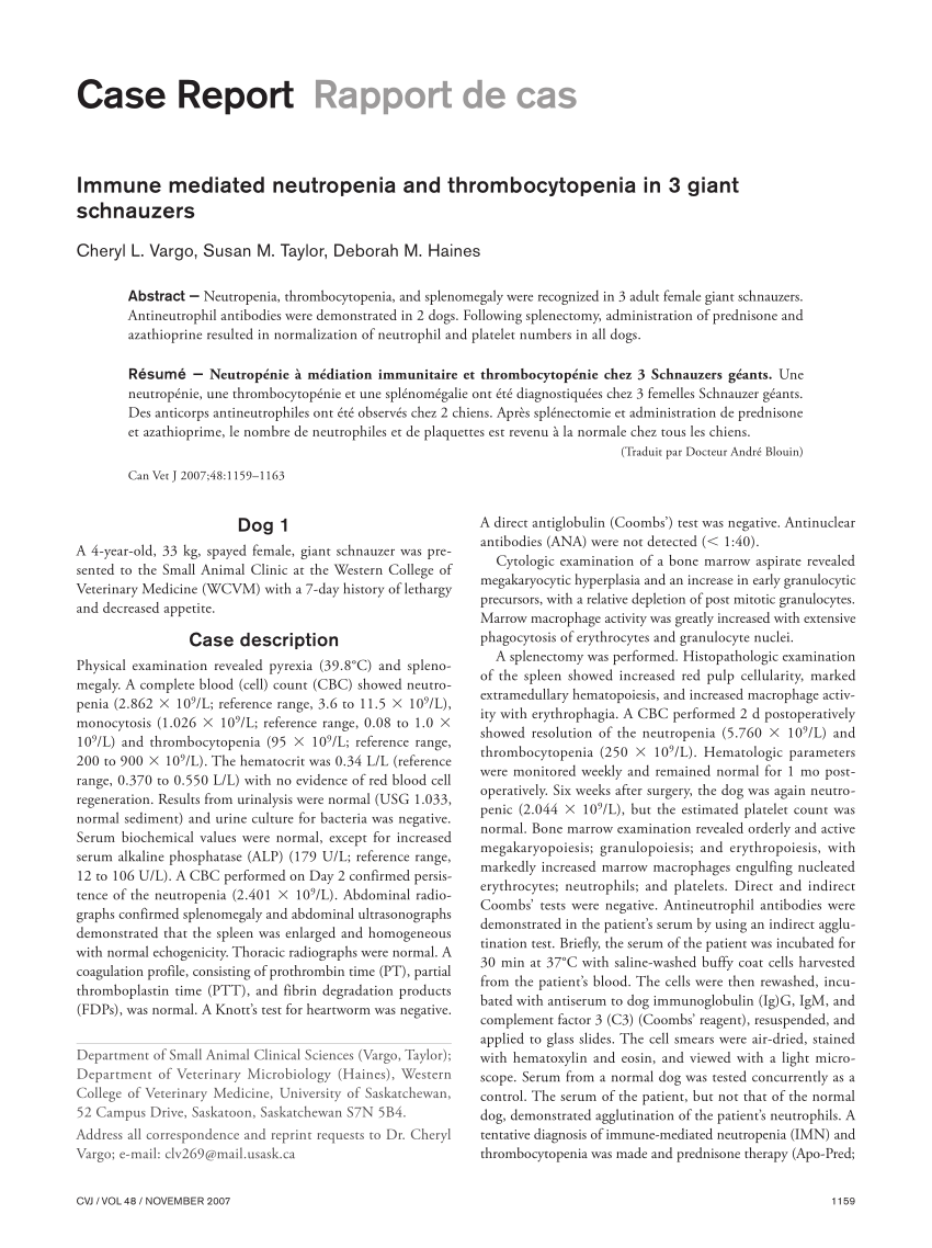 Pdf Immune Mediated Neutropenia And Thrombocytopenia In 3 Giant Schnauzers