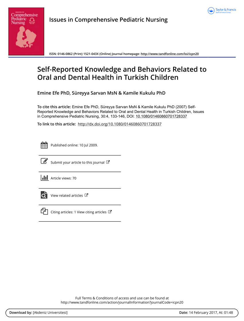 Pdf Self Reported Knowledge And Behaviors Related To Oral And Dental Health In Turkish Children