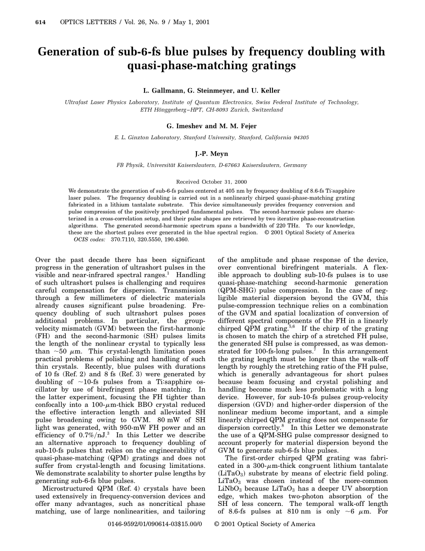 Pdf Generation Of Sub 6 Fs Blue Pulses By Frequency Doubling With Quasi Phase Matching Gratings