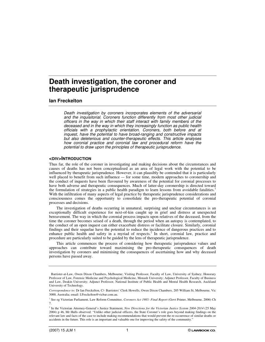 PDF) Death investigation, the coroner and therapeutic jurisprudence In Coroners Report Template