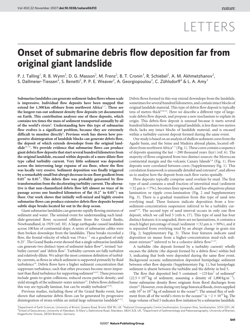 Pdf Onset Of Submarine Debris Flow Deposition Far From Original Giant Landslide
