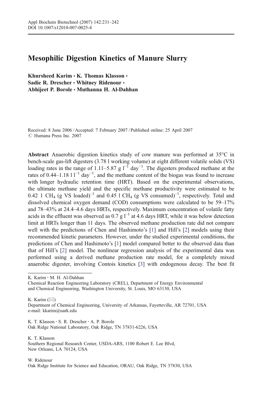 Pdf Mesophilic Digestion Kinetics Of Manure Slurry