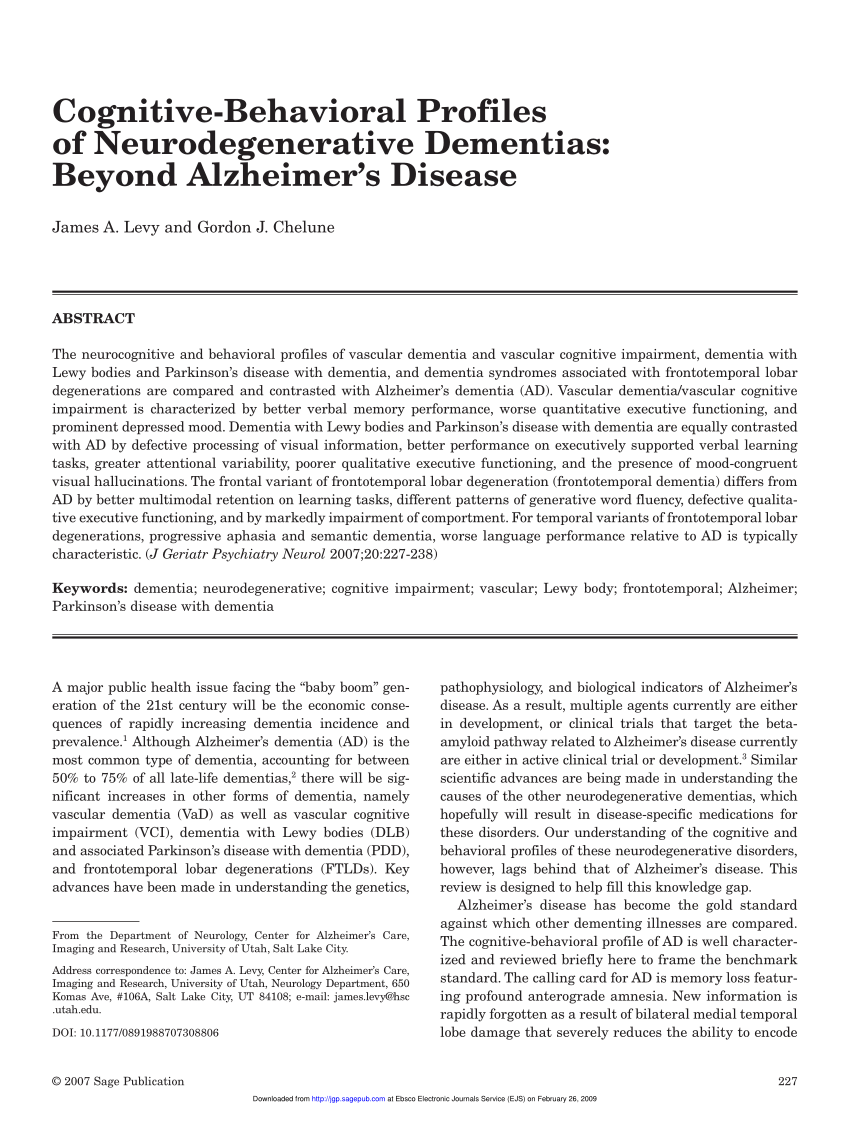 PDF) Cognitive-Behavioral Profiles of Neurodegenerative Dementias: Beyond  Alzheimer's Disease
