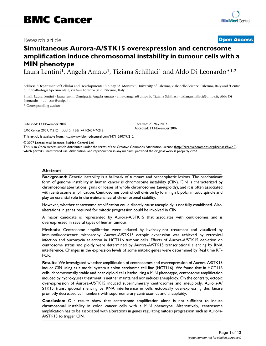 PDF) Simultaneous Aurora-A/STK15 overexpression and centrosome 