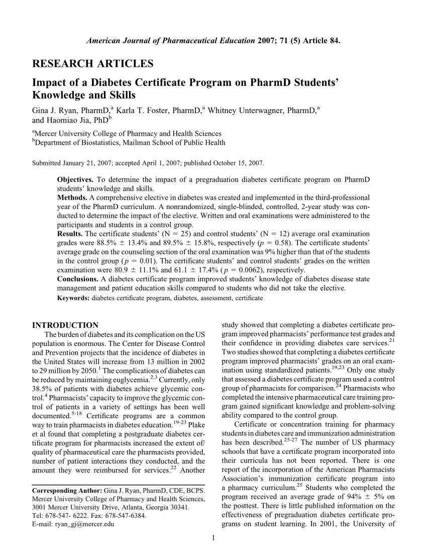 (PDF) Impact of a Diabetes Certificate Program on PharmD Students
