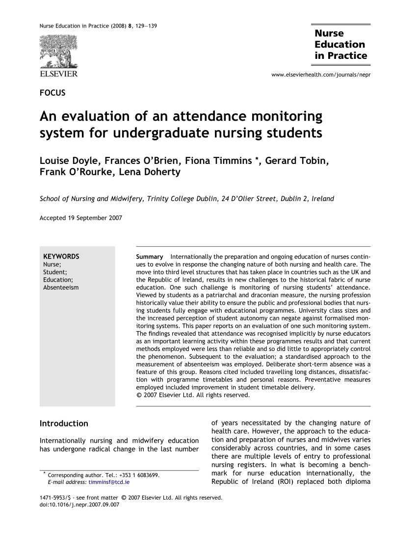 Sociable Sovereign Previous PDF) An evaluation of an attendance monitoring system for undergraduate  nursing students