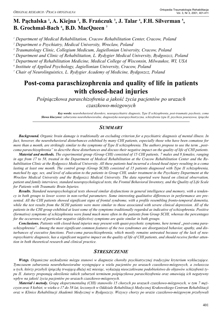 Pdf Post Coma Paraschizophrenia And Quality Of Life In Patients With Closed Head Injuries