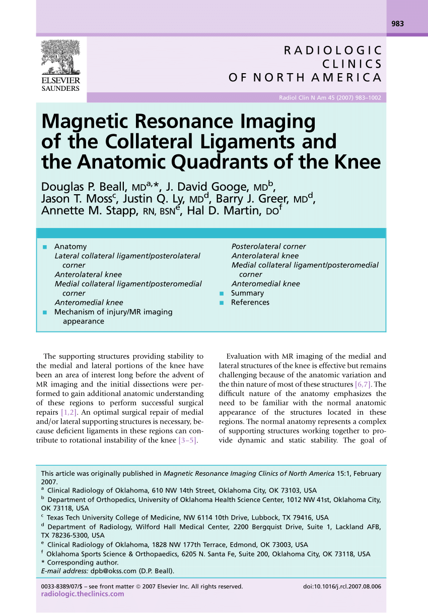 Pdf Magnetic Resonance Imaging Of The Collateral Ligaments And The Anatomic Quadrants Of The Knee